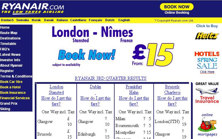 Ryanair website screenshot in May 2002