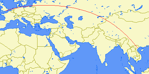 shortest flight path from London to Hanoi airport in Vietnam