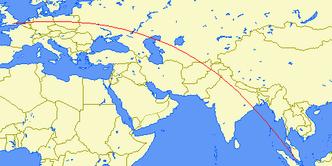 shortest flight path from London to Kuala Lumpur (Malaysia)
