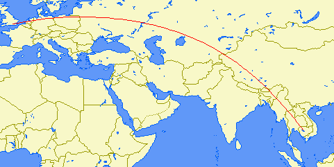shortest flight path from London to Siem Reap